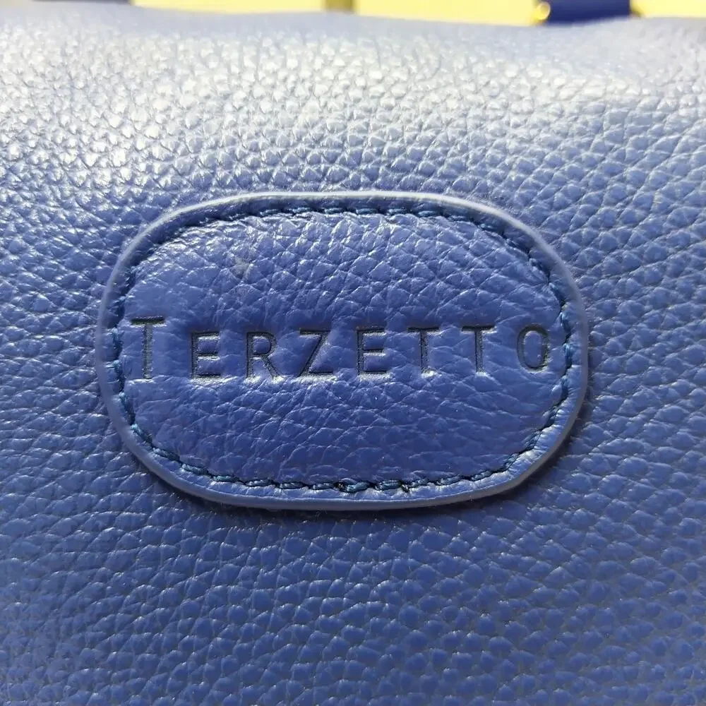 Terzetto Blue Pebbled Leather Double Handle Zipper Closure Satchel Shoulder Bag